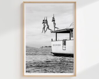 Girls Jumping Off Yacht Print, Black White Summer Wall Art, Jetset Lifestyle, Editorial Photography, Coastal Glamour Decor, Slim Aarons
