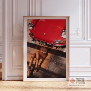 Stampa Porsche 911 rossa, poster ragazza meccanico, arte garage colorata, arte murale estiva, stampa di moda vivace, download digitale