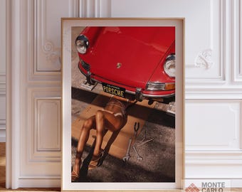 Impresión de un Porsche 911 rojo, póster de una chica mecánica, arte colorido de garaje, arte mural con ambiente veraniego, impresión de moda vibrante, descarga digital
