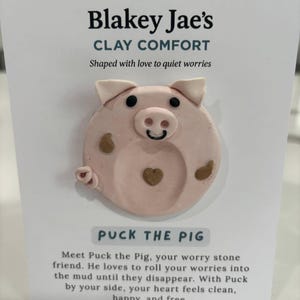 Handmade Clay Worry Stone · Stress Relief Pocket Stone for Calm & Anxiety - Puck the Pig