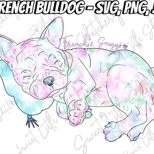 Puede incluir: Ilustración en acuarela de un bulldog francés durmiendo. El perro está representado en colores pastel rosa, azul y verde, descansando sobre una almohada azul claro. El texto en la parte superior dice "FRENCH BULLDOG - SVG, PNG, JPG".