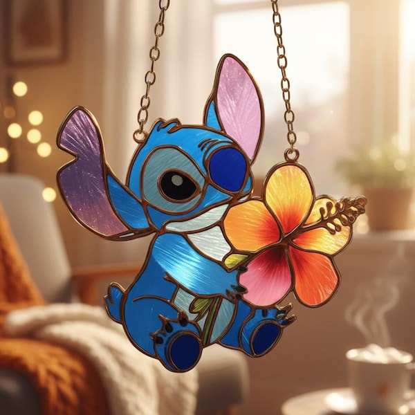 Sti.t.ch Resin Suncatcher, Dis.ney Faux Stained Glass Window Hanging, Lilo And Stitch Fan Gift, Cartoon Character Art