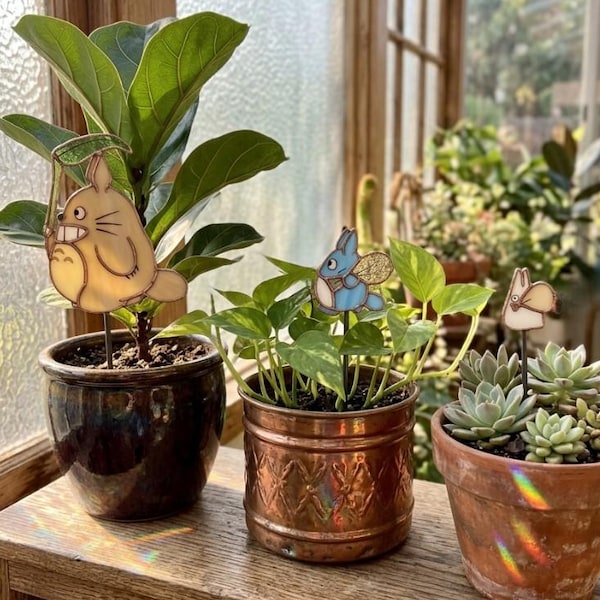 St.udi.o G.ib.li Inspired Suncatcher Plant Stakes | Faux Stained Glass Anime Garden Decor | My Nei.gh.bor Totor..o Spirit Plant Lover Gift