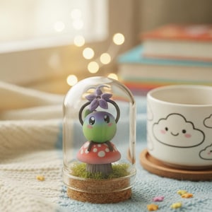 May include: A small figurine of a round, gradient-colored creature with large eyes and a purple flower on its head, sitting atop a red and white spotted mushroom. The figurine is enclosed in a clear glass dome with a cork base, resting on green moss.