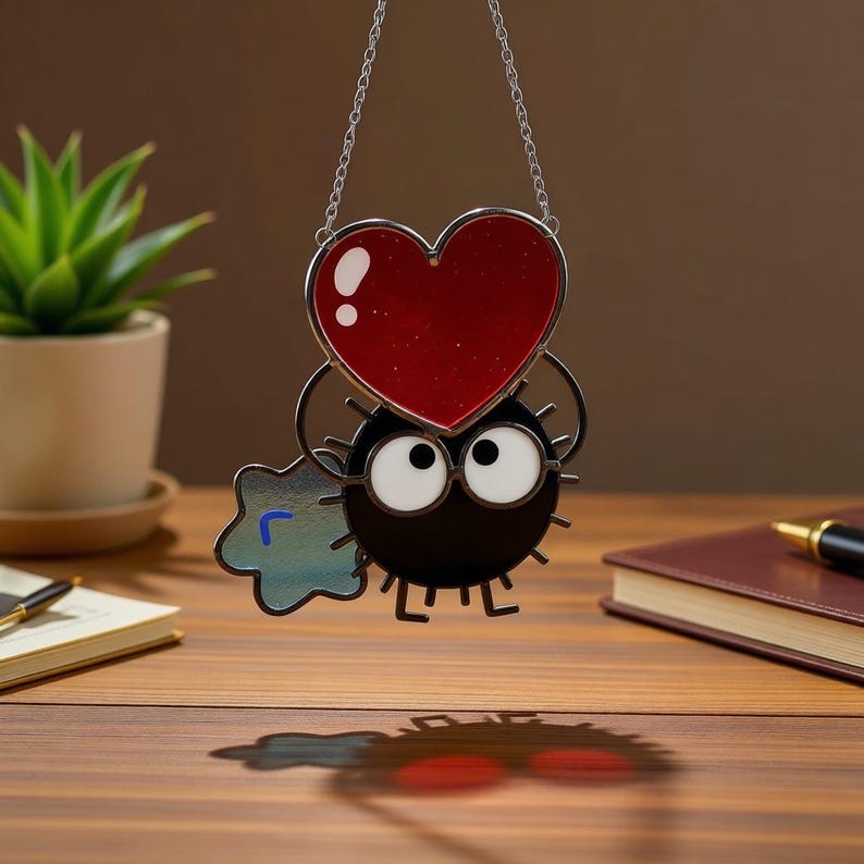 Puede incluir: Un atrapasoles de vidriera con una criatura negra con grandes ojos blancos, un coraz&oacute;n rojo y un elemento azul en forma de estrella. El atrapasoles cuelga de una cadena plateada. El dise&ntilde;o es caprichoso y decorativo.