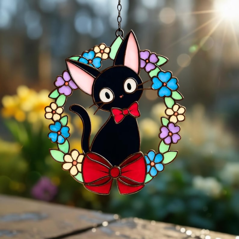 May include: A stained glass suncatcher featuring a black cat with a red bow tie and a large red bow. The cat is surrounded by a wreath of colorful flowers in shades of blue, purple, and yellow. The suncatcher hangs from a chain.