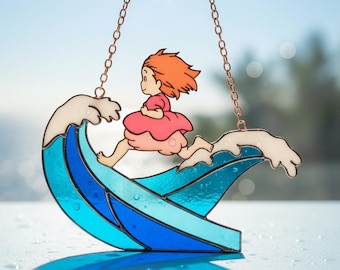 Gh.i.b.li Po.ny.o Inspired Acrylic Suncatcher Ocean Wave Window Hanging Faux Stained Glass Anime Fan Gift Miyazaki Art Home Decor
