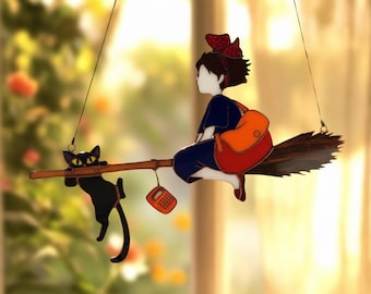 K.iki's Del.ivery Servi.ce Harz Suncatcher, Fliegende Hexe & Jiji Cat Acryl Fensterbehang, Studio Ghibli Inspiriert, Valentinstag Geschenk