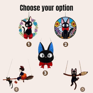 May include: The image displays five different stained glass cat designs. Each cat has a black body, red bow tie, and is suspended by a chain. The text at the top reads "Choose your option". The cats are surrounded by flowers and other decorative elements.