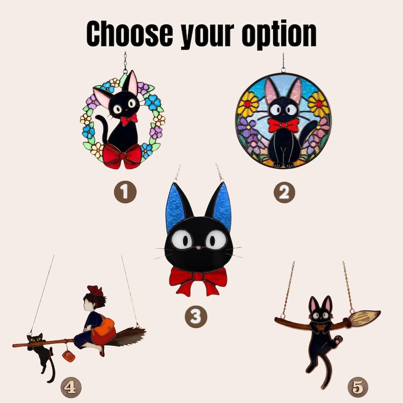 May include: The image displays five different stained glass cat designs. Each cat has a black body, red bow tie, and is suspended by a chain. The text at the top reads "Choose your option". The cats are surrounded by flowers and other decorative elements.