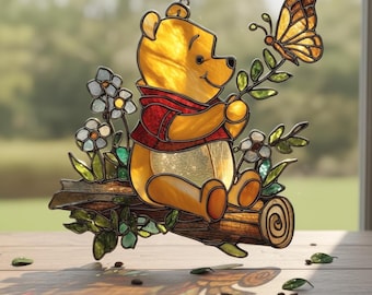 Wi.nn.ie The P.o.oh Suncatcher, Acrylic Window Hanging, Dis.ne.y Bear And Butterfly Decor, Kids Room Gift