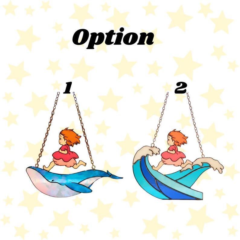 May include: Two stained glass art pieces. One shows a girl in a pink dress running on a blue whale, suspended by chains. The other shows a girl running on a blue wave, also suspended by chains. The word "Option" is above the images.