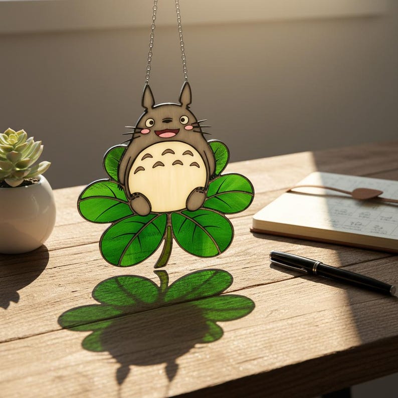 Peut inclure: D&eacute;coration en vitrail repr&eacute;sentant un personnage de dessin anim&eacute; assis sur un tr&egrave;fle &agrave; quatre feuilles vert. Le personnage est gris avec un ventre cr&egrave;me et des joues roses. Une cha&icirc;ne argent&eacute;e suspend la d&eacute;coration.