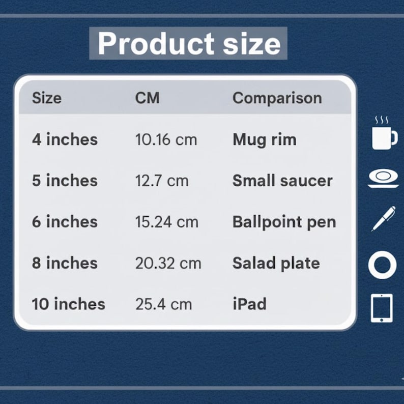 May include: A product size chart with measurements in inches and centimeters. The chart compares sizes from 4 inches (10.16 cm) to 10 inches (25.4 cm) to common objects like a mug rim, small saucer, and iPad.