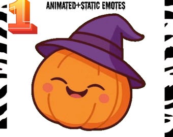 May include: A smiling cartoon pumpkin wearing a purple witch hat. The pumpkin is orange with a happy face and pink cheeks. Text at the top reads "PUMPKIN SMILING CUTE ANIMATED+STATIC EMOTES". Includes GIF + PNG | Twitch | Kick | Discord | OBS.