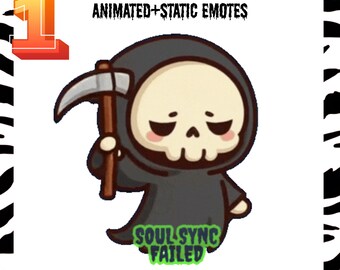Puede incluir: Un personaje de dibujos animados de la muerte con una cara de calavera, que lleva una túnica con capucha negra y sostiene una guadaña. La imagen incluye el texto "SOUL SYNC FAILED" y "ANIMATED+STATIC EMOTES". El número "1" está en la esquina superior izquierda.