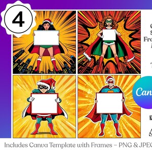 Könnte beinhalten: Comic-Stil-Illustrationen von Superhelden in Weihnachtskleidung, die leere Schilder halten. Der Hintergrund zeigt einen Ausbruch gelber und oranger Strahlen. Text enthält "Christmas Superhero Frame Mockup Mini Pack + Canva Templates".
