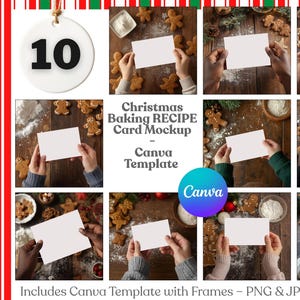 May include: A festive Christmas-themed mockup featuring blank recipe cards, gingerbread cookies, and baking ingredients. The image includes the text "Christmas Baking Recipe Card Mockup - Canva Template". A white ornament with the number 10 hangs from a string.