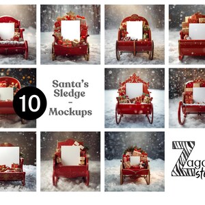 Può includere: Una collezione di dieci mockup di slitte rosse di Babbo Natale, ognuna piena di regali e un cartello bianco vuoto. I mockup sono ambientati su uno sfondo invernale innevato, con neve che cade e un'atmosfera festosa. È visibile anche il testo "Santa's Sledge - Mockups".