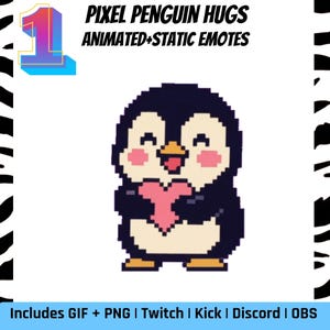 May include: A pixelated penguin holding a pink heart, with a black and white background. The image includes the text "PIXEL PENGUIN HUGS ANIMATED+STATIC EMOTES" and "Includes GIF + PNG | Twitch | Kick | Discord | OBS".