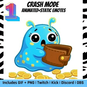 Könnte beinhalten: Cartoon-Illustration eines blauen Wesens, das eine braune Geldbörse hält, mit verstreuten Goldmünzen. Der Text "CRASH MODE ANIMATED+STATIC EMOTES" und "Includes GIF + PNG | Twitch | Kick | Discord | OBS" ist enthalten.