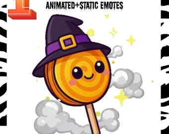 May include: A cartoon lollipop wearing a witch hat with a purple band and gold buckle. The lollipop is orange and yellow with a smiling face. The text "WITCHY LOLLIPOP" and "ANIMATED+STATIC EMOTES" is at the top. Includes GIF + PNG | Twitch | Kick | Discord | OBS.