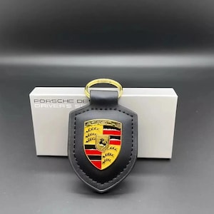 For Porsche Leather Keychain | Premium Black Crest Key Ring with Gift Box | Luxury Car Accessory Gift | Fast USA Shipping