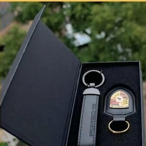 Porsche Crest Leather Keychain | Premium Black & Red Key Ring with Gift Box | Luxury Car Accessory for Car Lovers | Fast USA Shipping