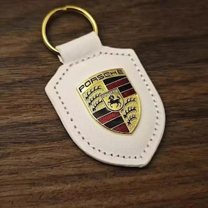 Leather Keychain Compatible with Porsche | Silver Key Ring with Crest Design | Luxury Car Gift for Men & Women
