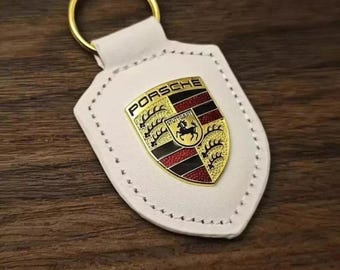 Leather Keychain Compatible with Porsche | Silver Key Ring with Crest Design | Luxury Car Gift for Men & Women
