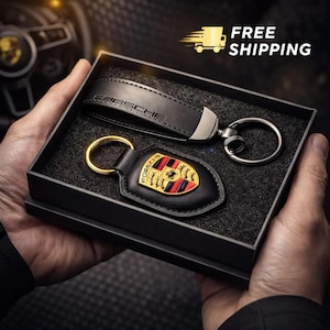Porsche Crest Leather Keychain | Premium Black & Red Key Ring with Gift Box | Luxury Car Accessory for Car Lovers | Fast USA Shipping