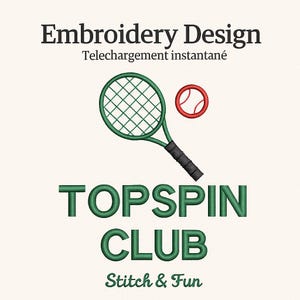 Tennis Embroidery Design – TOPSPIN CLUB Logo, Machine Embroidery File Sport Racket Ball, Instant Digital Download