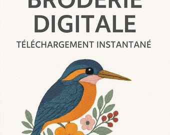 Kingfisher Bird Embroidery Design – Realistic Machine Embroidery Flowers, Instant Digital Download