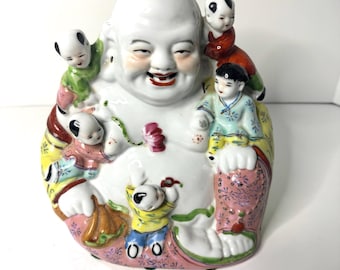 VTG Happy Buddha Ceramic Statue—Colorful Asian Buddha with Kids-Good Luck Buddha