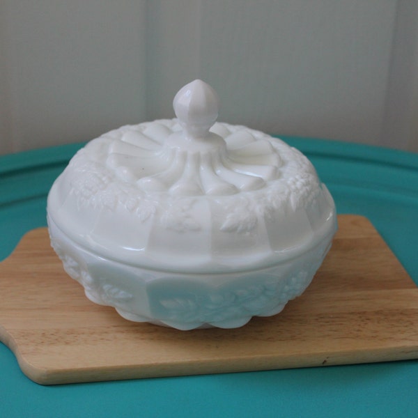 Rd Milk Glass Candy Dish--Fruit Motif Milk Glass Dish with Lid--Collectible Milk Glass