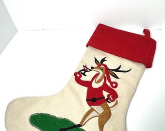 VTG Felt Christmas Stocking--Reindeer Christmas Stocking--Felt and Embroidered Stocking