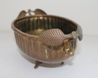 Brass Planter with Cherries and Leaf Handle--Vintage Brass Planter