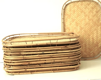 VTG Set of 12 rectangular Woven Rattan Lap Trays---Rattan Serving Tray--Bamboo Picnic Trays