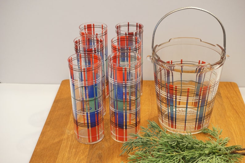 Tartan Plaid Ice Bucket & Tumbler GlassesChristmas GlasswareCocktail Glassware image 4