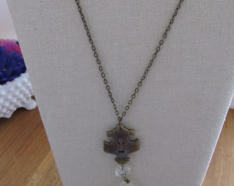 HANDMADE JEWELRY--Vintage Key Plate with Double Crystal Drop
