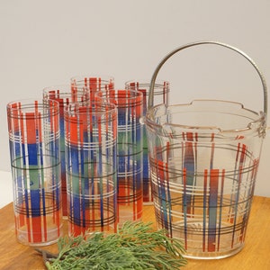 Tartan Plaid Ice Bucket & Tumbler GlassesChristmas GlasswareCocktail Glassware image 1
