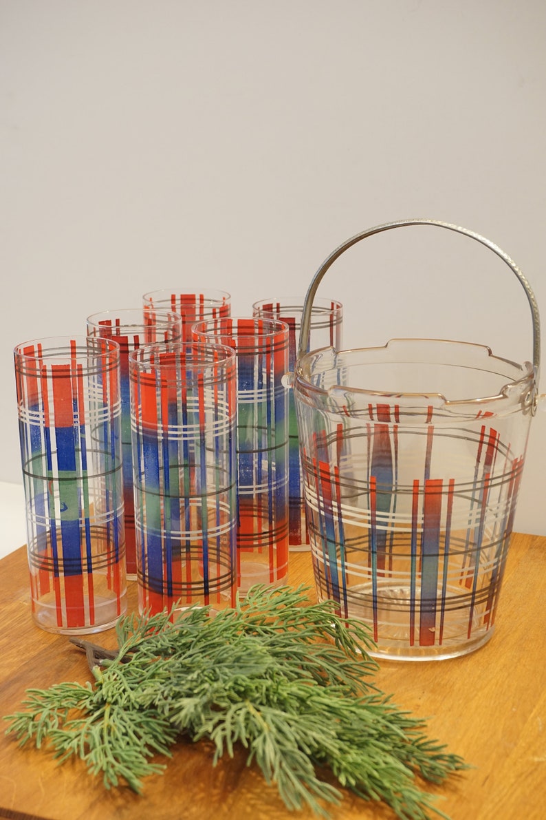 Tartan Plaid Ice Bucket & Tumbler GlassesChristmas GlasswareCocktail Glassware image 1