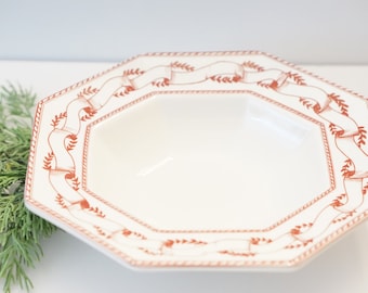 Red Ribbon Ceramic Bowl--Octagon Christmas Bowl--Ceramic Serving Bowl