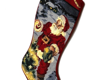 VTG Needlepoint Santa Christmas Stocking--Handmade Christmas Stocking--Holiday Stocking