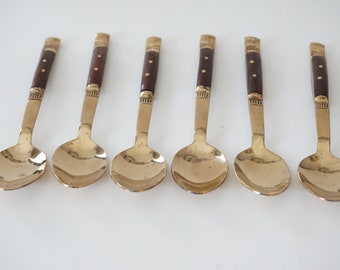 Set of 6 VTG Wood and Brass Demitasse Spoons--Brass Spoons--Brass Coffee Spoons