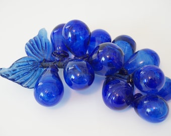 Handblown Glass Grapes--Cobalt Blue Glass Grape Cluster--Mid Century Glass Grapes