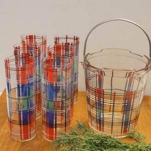 Tartan Plaid Ice Bucket & Tumbler GlassesChristmas GlasswareCocktail Glassware image 6