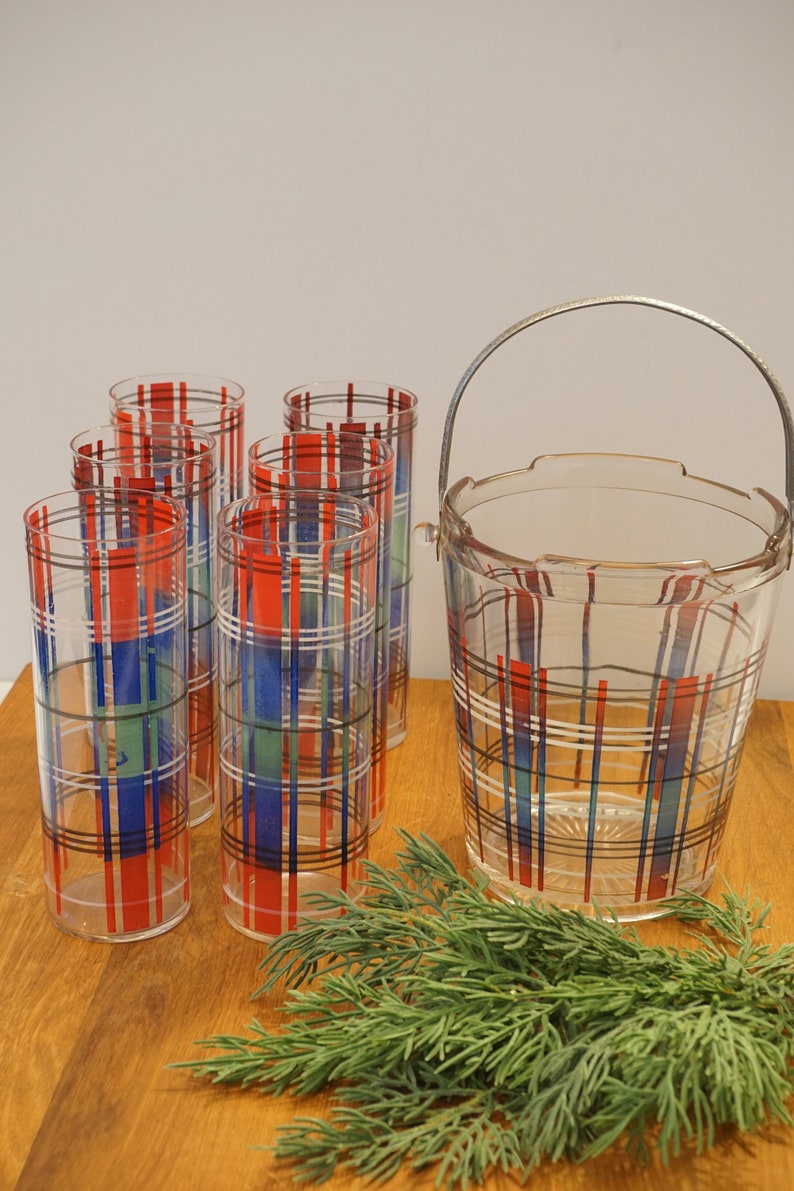 Tartan Plaid Ice Bucket & Tumbler GlassesChristmas GlasswareCocktail Glassware image 6