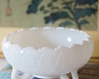 STUNNING Leaf Embossed Milk Glass Bowl--Footed Milk Glass Bowl--Embossed Milk Glass--Vintage Milk Glass
