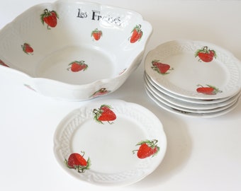 VTG Strawberry Motif Bowl and Plate Set--Louis Lourioux Strawberry Bowl Set--Strawberry Porcelain